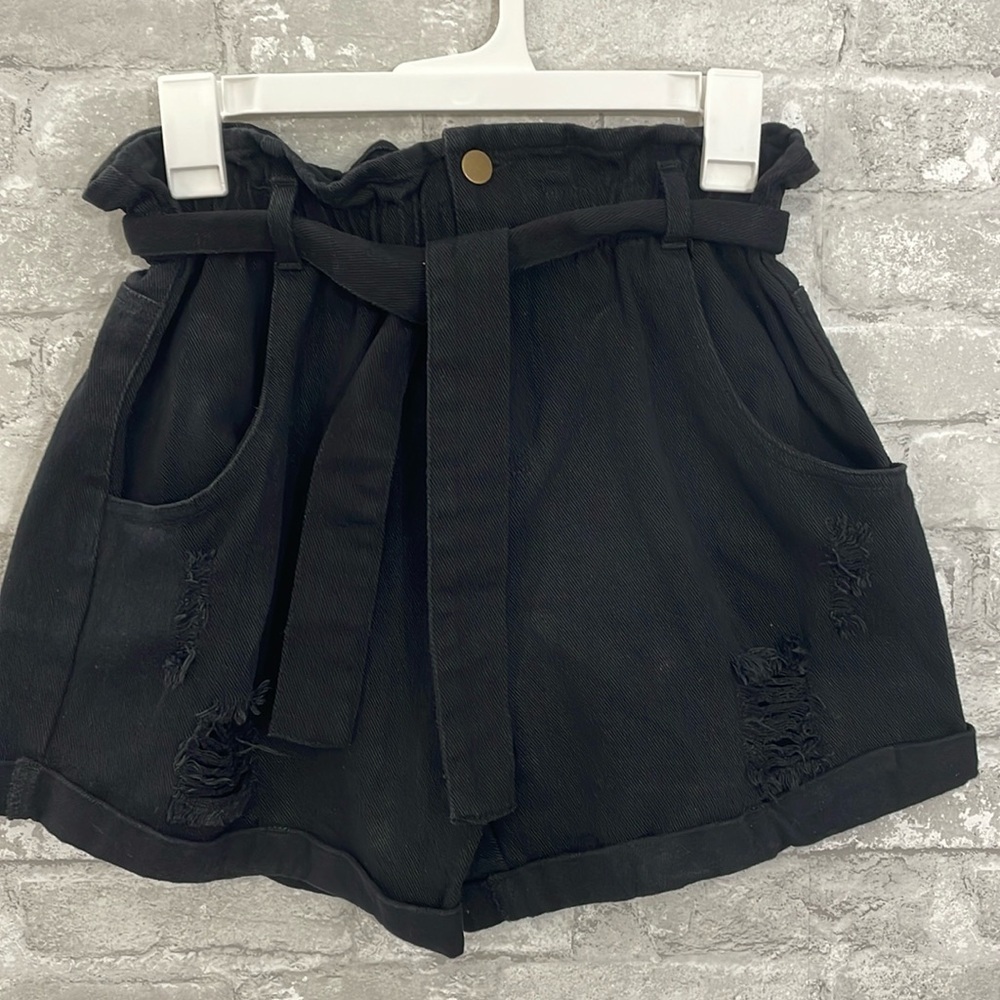 HYFVE Black Paperbag Waist Distressed Jean Shorts